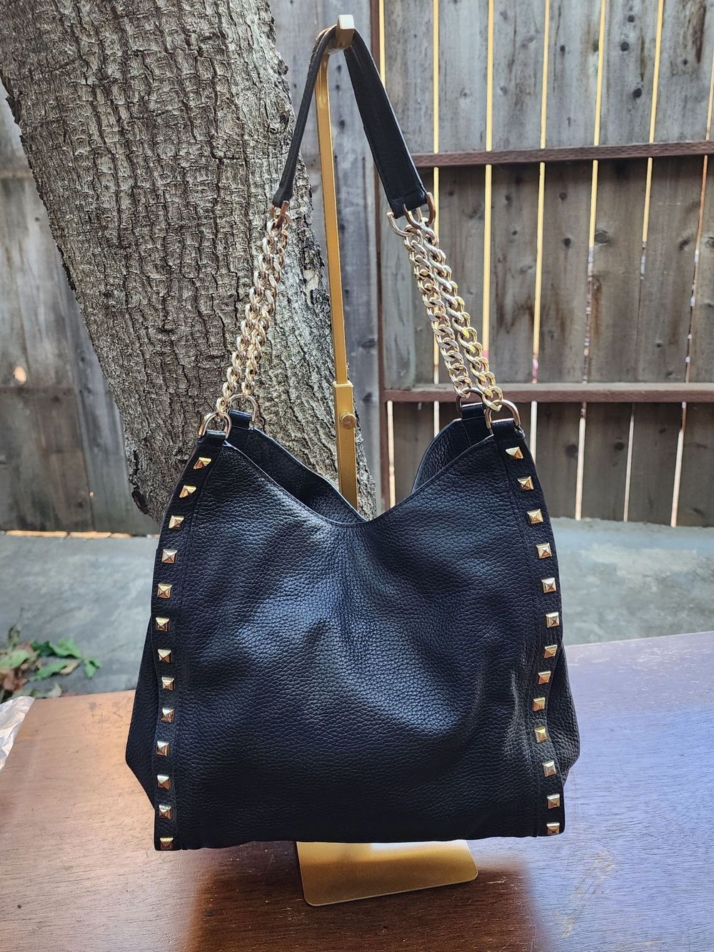 Michael Kors Black Newbury Studded Pebbled Leather Chain Tote Hobo Bag